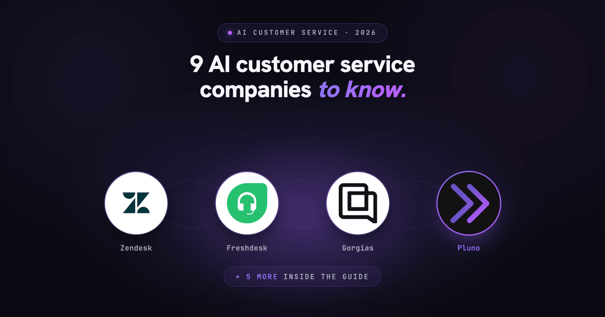 Nine top AI customer service companies in 2026, including Pluno, Fin, Decagon, Sierra, Ada, Zendesk, Gorgias, Freshworks, and Salesforce Agentforce.