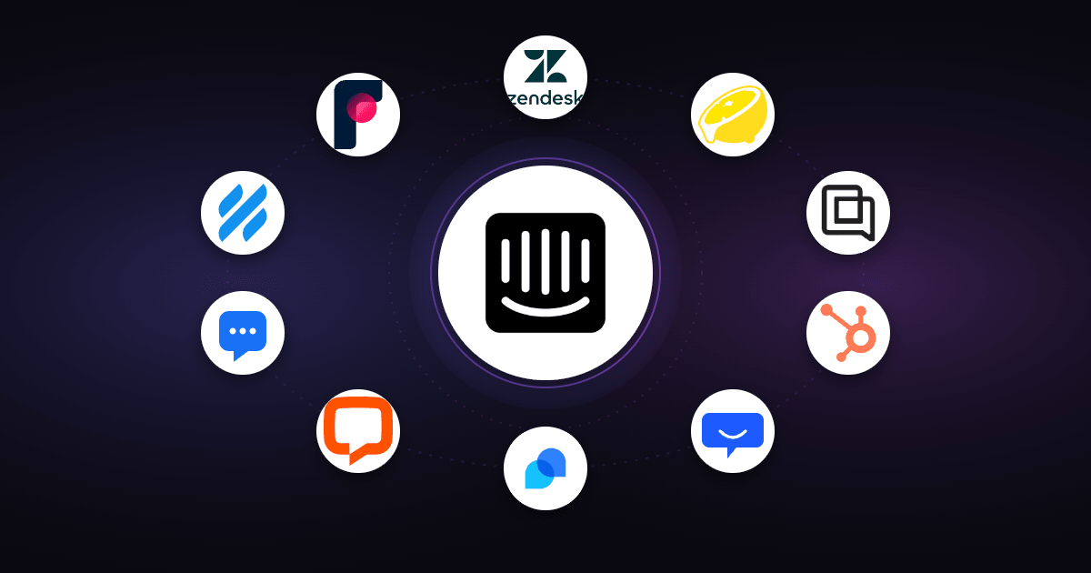 The Intercom logo surrounded by ten live chat alternatives including Zendesk, Help Scout, Crisp, LiveChat, Tidio, Front, Freshchat, Gorgias, HubSpot, and Pluno.