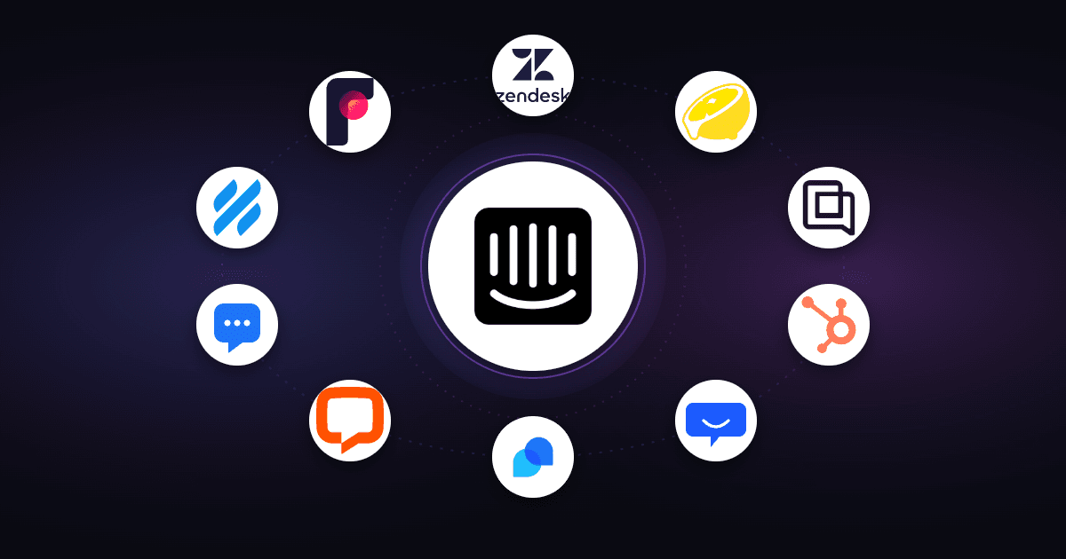 The Intercom logo surrounded by ten live chat alternatives including Zendesk, Help Scout, Crisp, LiveChat, Tidio, Front, Freshchat, Gorgias, HubSpot, and Pluno.