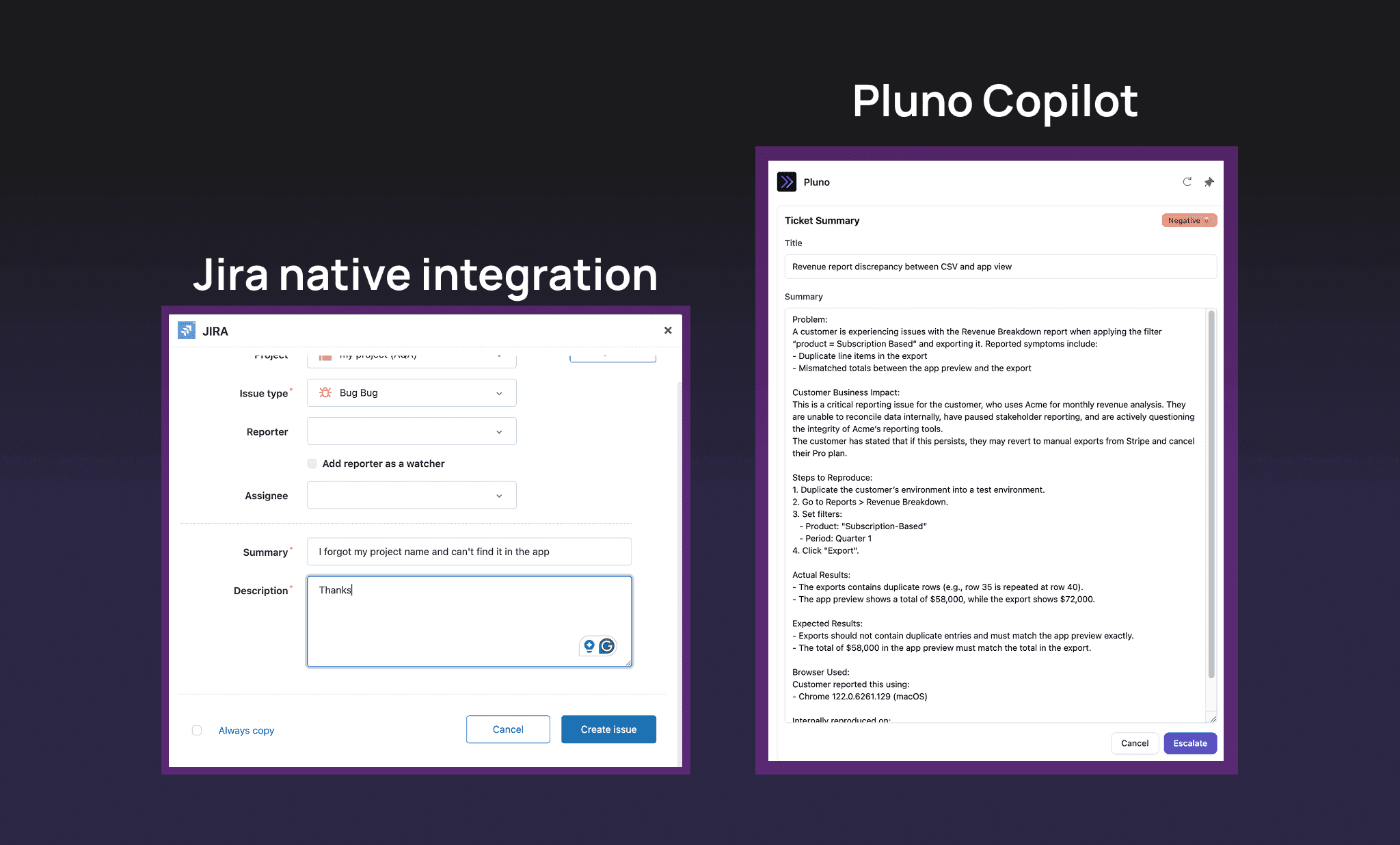 Diagram comparing the native Zendesk-Jira integration with Pluno AI for ticket escalation between support and engineering teams.