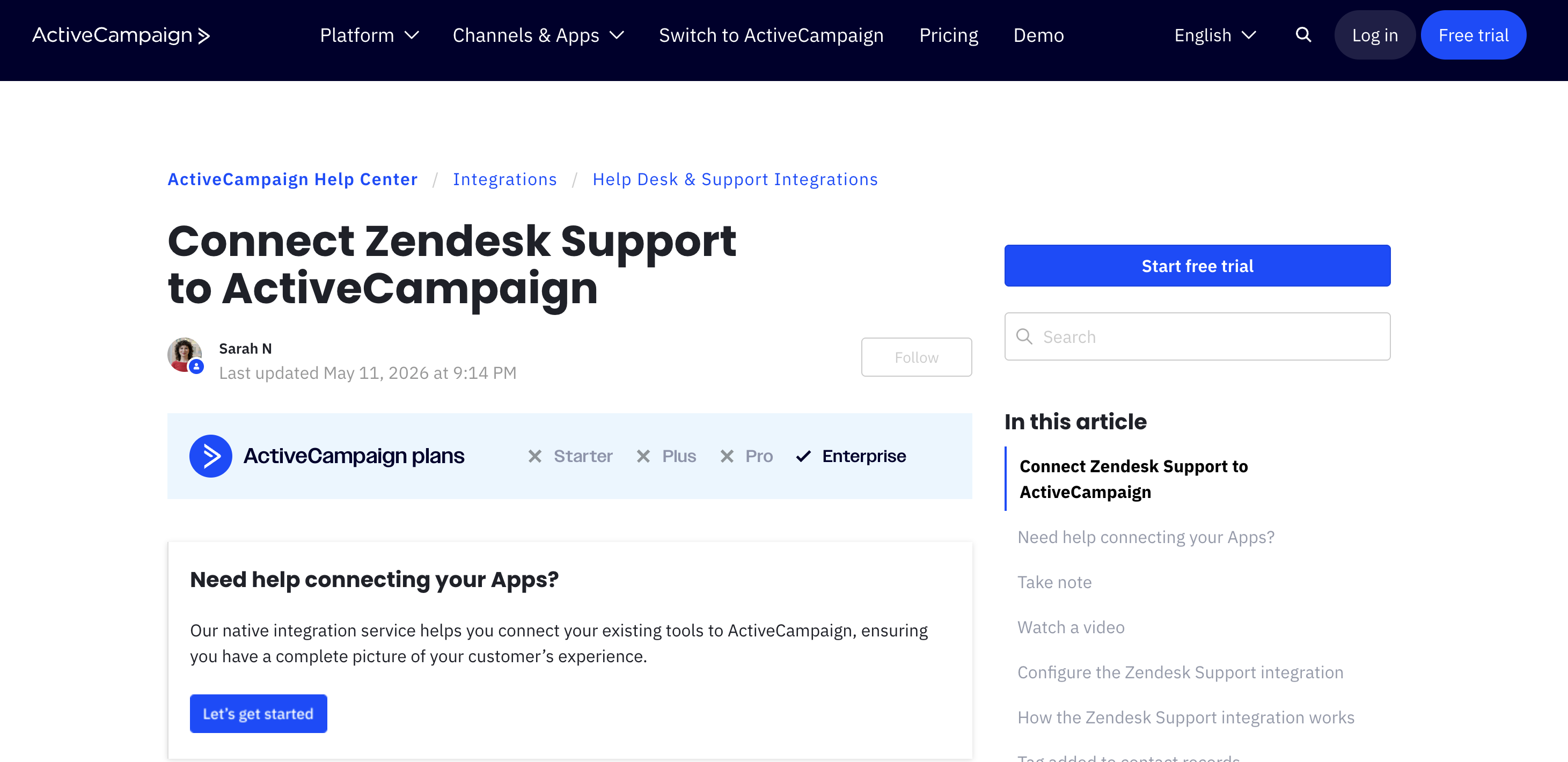 The ActiveCampaign Help Center article titled "Connect Zendesk Support to ActiveCampaign", with a plan banner showing the native integration is available only on the ActiveCampaign Enterprise plan.