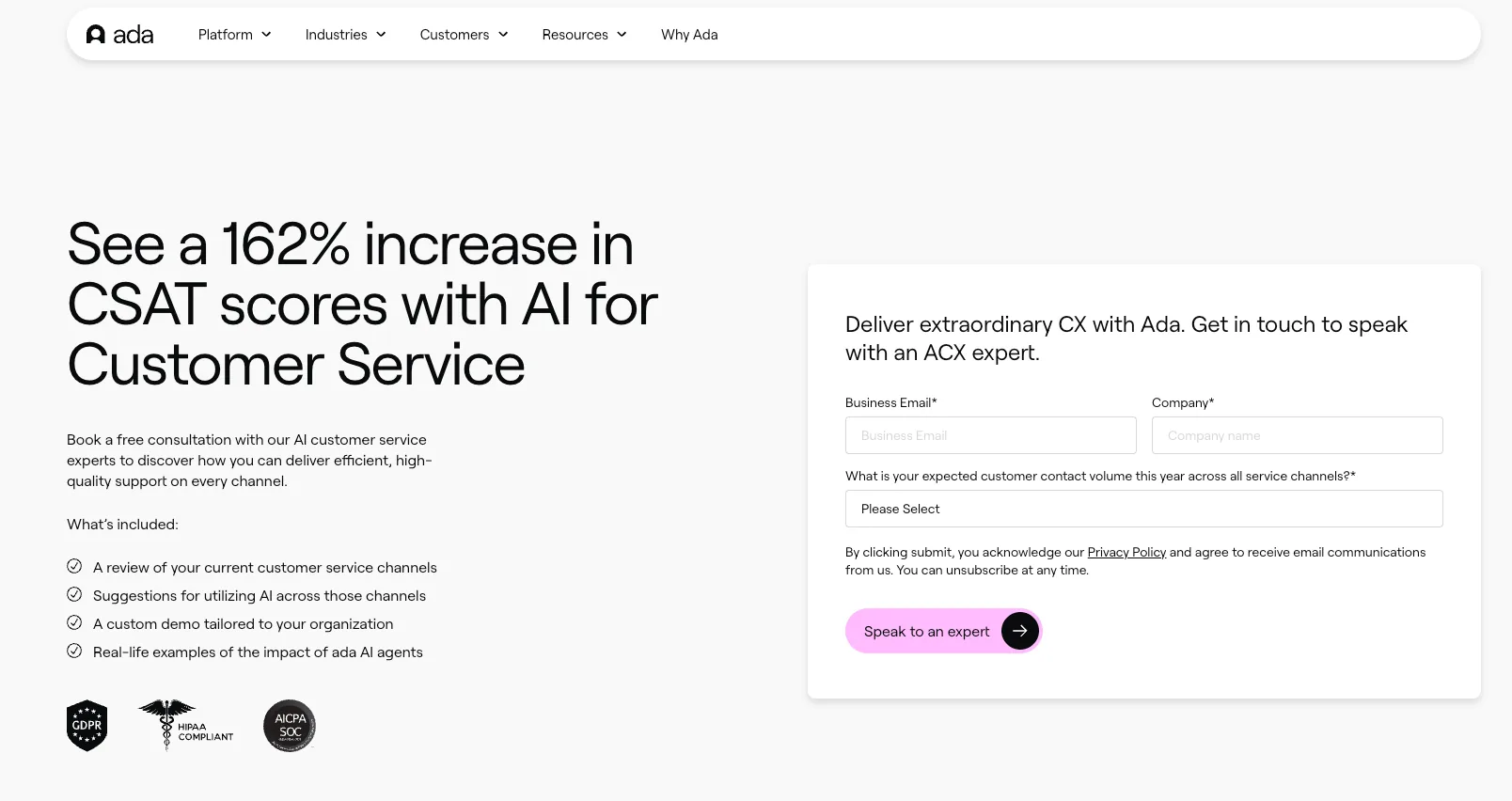 Ada's demo request page, where pricing starts with a sales conversation