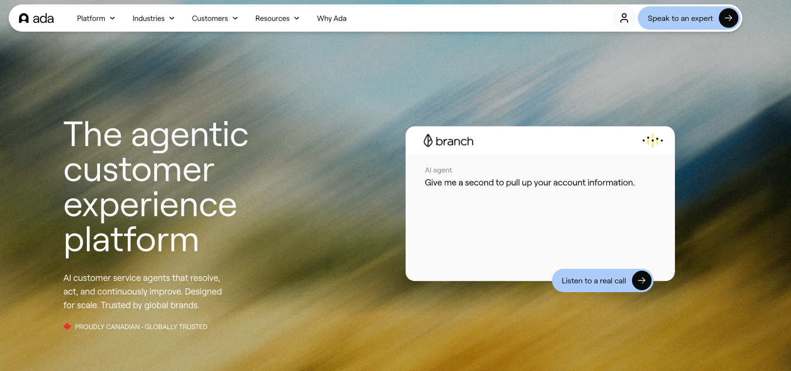 Screenshot of Ada's homepage, the pick for enterprise automation without engineering
