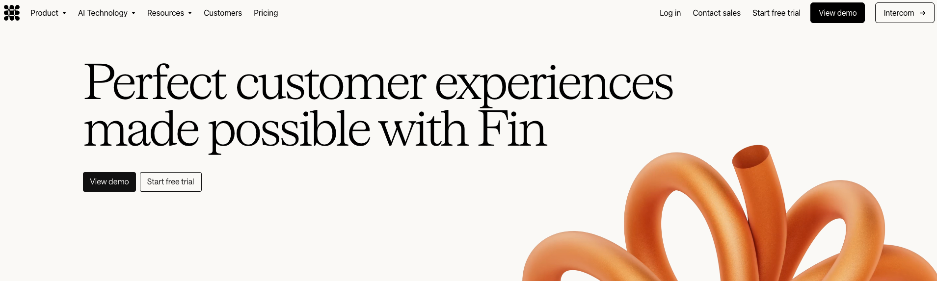 Screenshot of Intercom Fin's homepage, the pick for high-volume conversational support