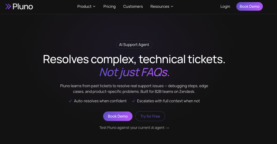 Screenshot of Pluno's homepage, the pick for complex technical B2B support