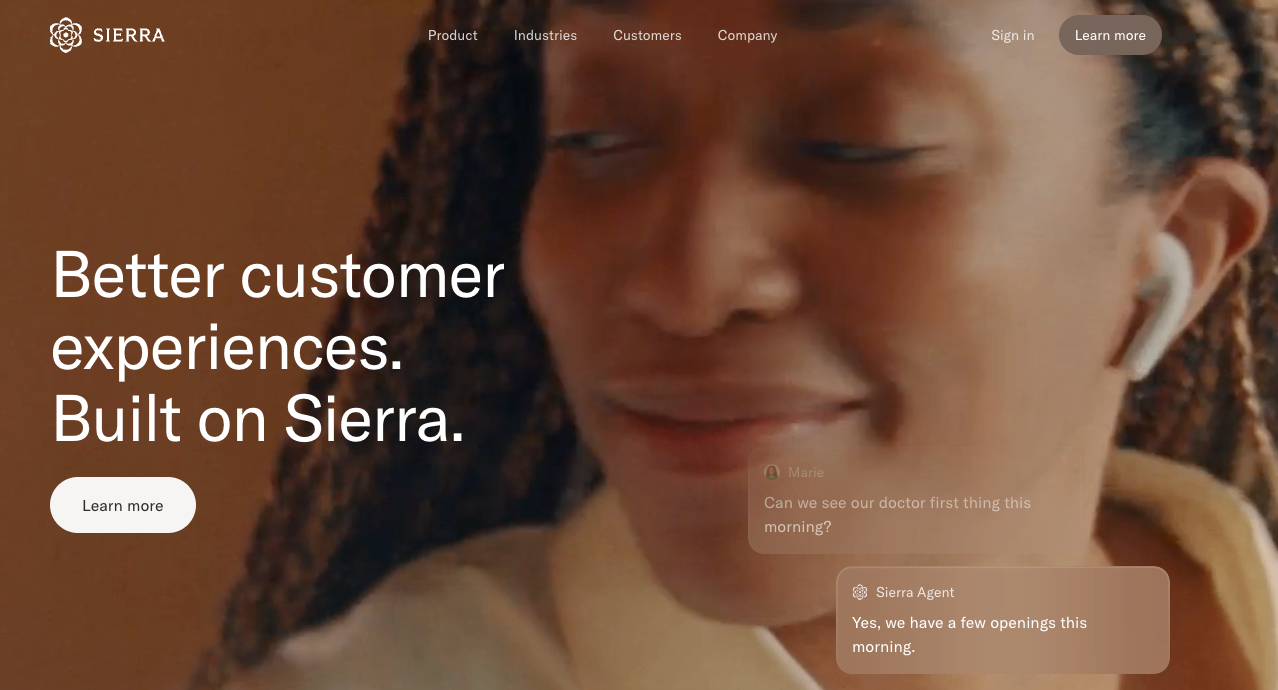 Screenshot of Sierra AI's homepage, the pick for Fortune 500 conversational AI