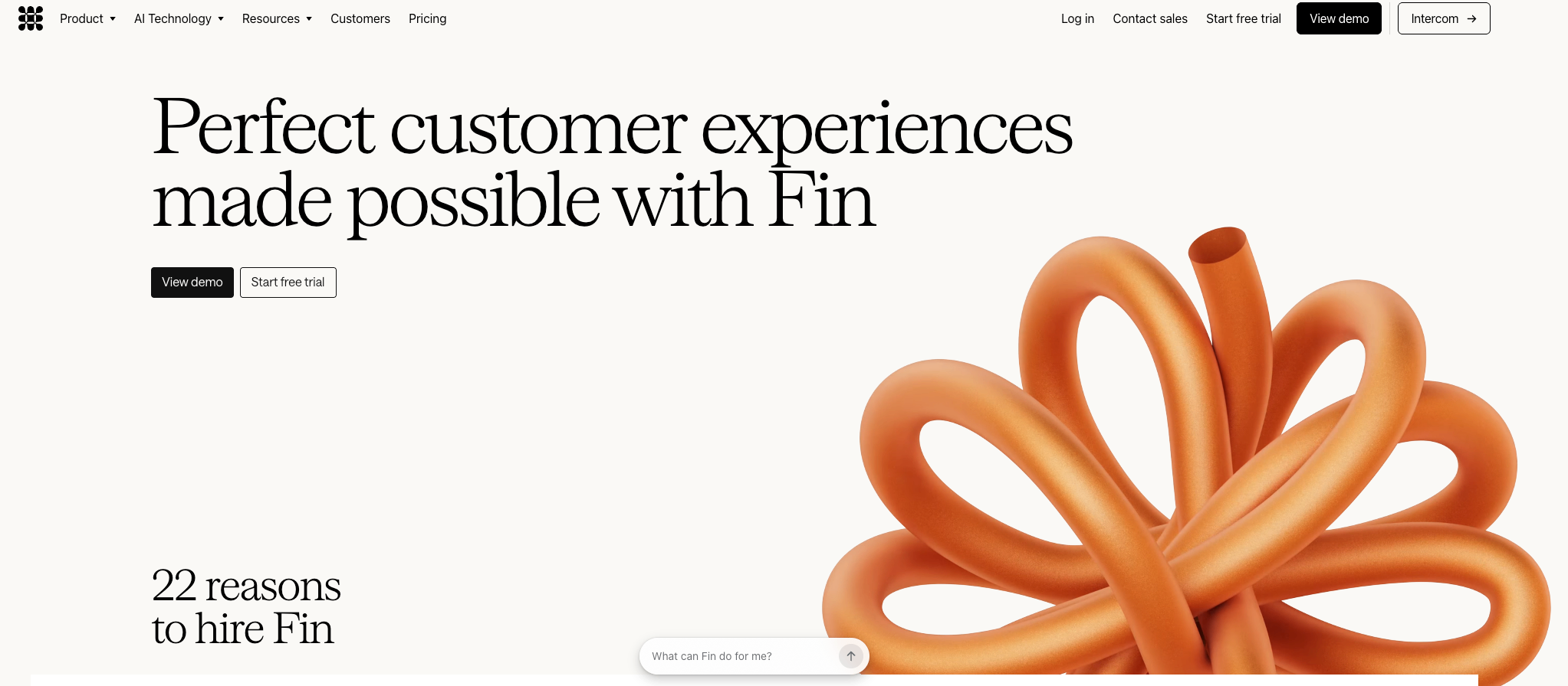 Screenshot of Intercom Fin's homepage