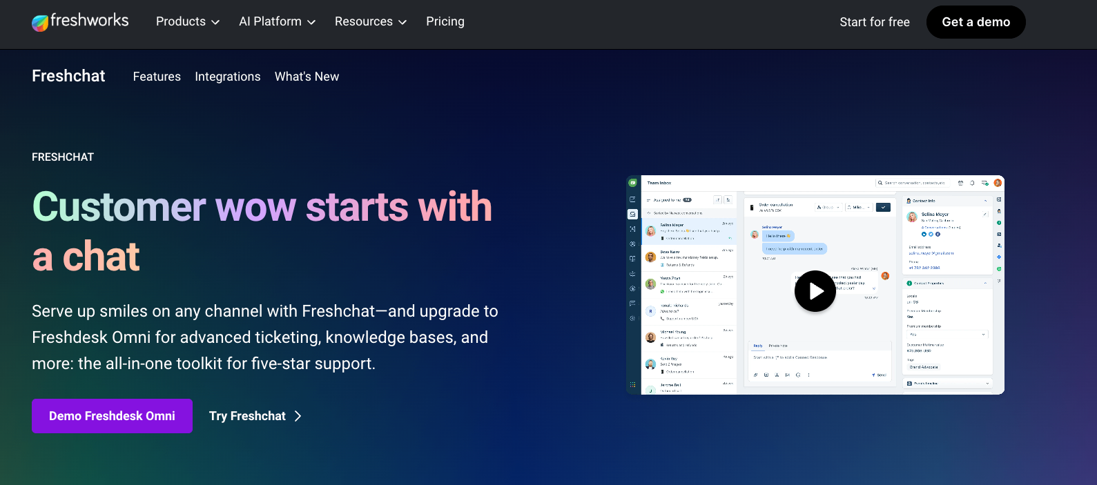 Screenshot of Freshchat's homepage featuring Freddy AI