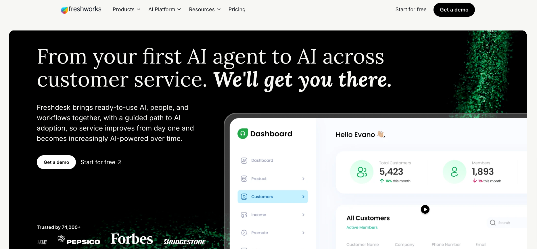 Screenshot of Freshworks' Freddy AI homepage