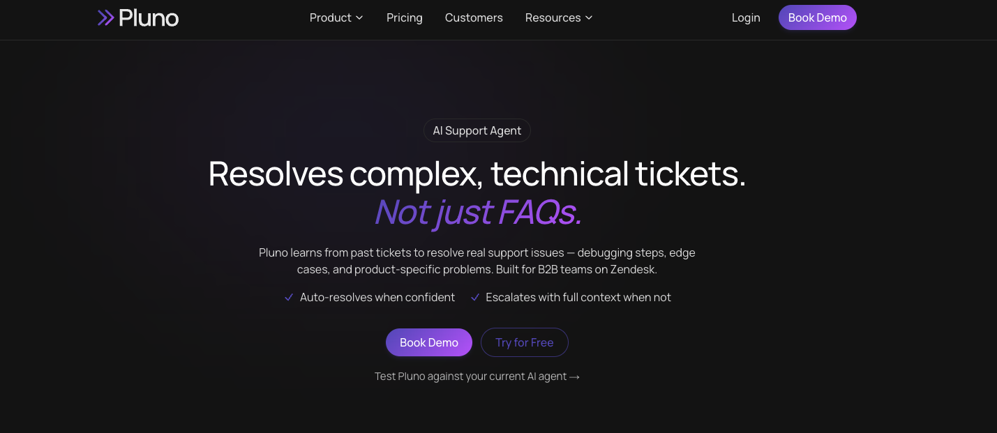 Screenshot of Pluno's homepage, built for technical B2B SaaS support