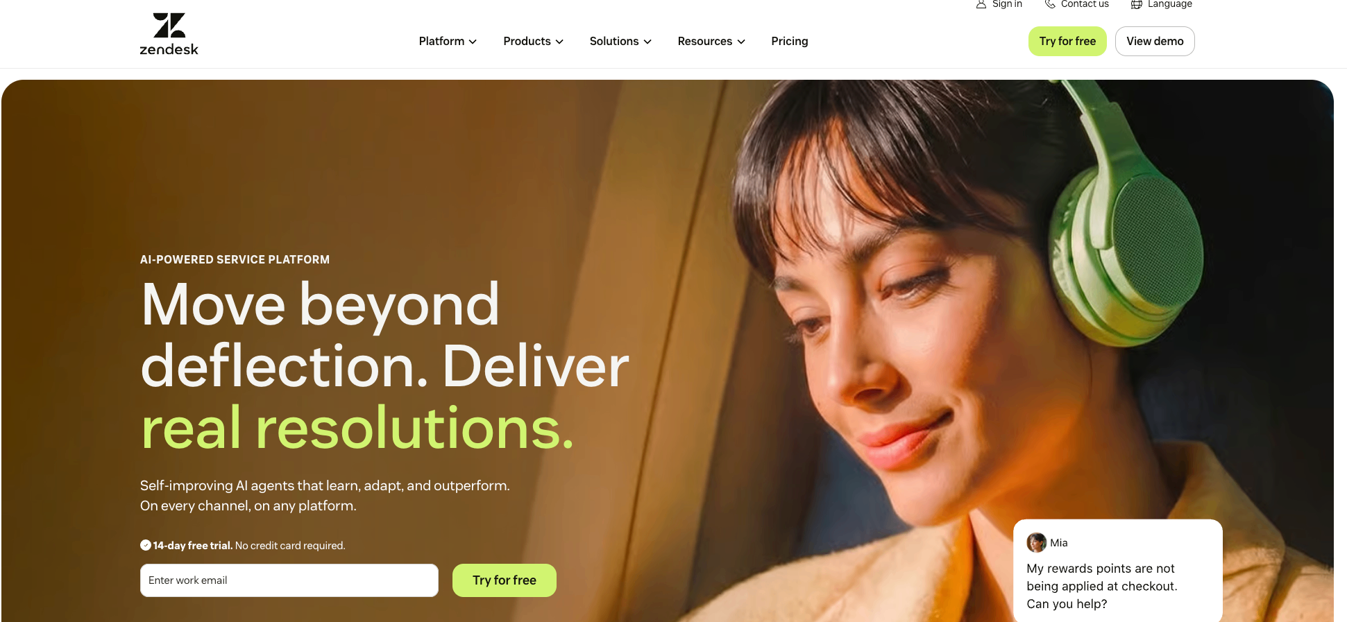 Screenshot of Zendesk AI's homepage