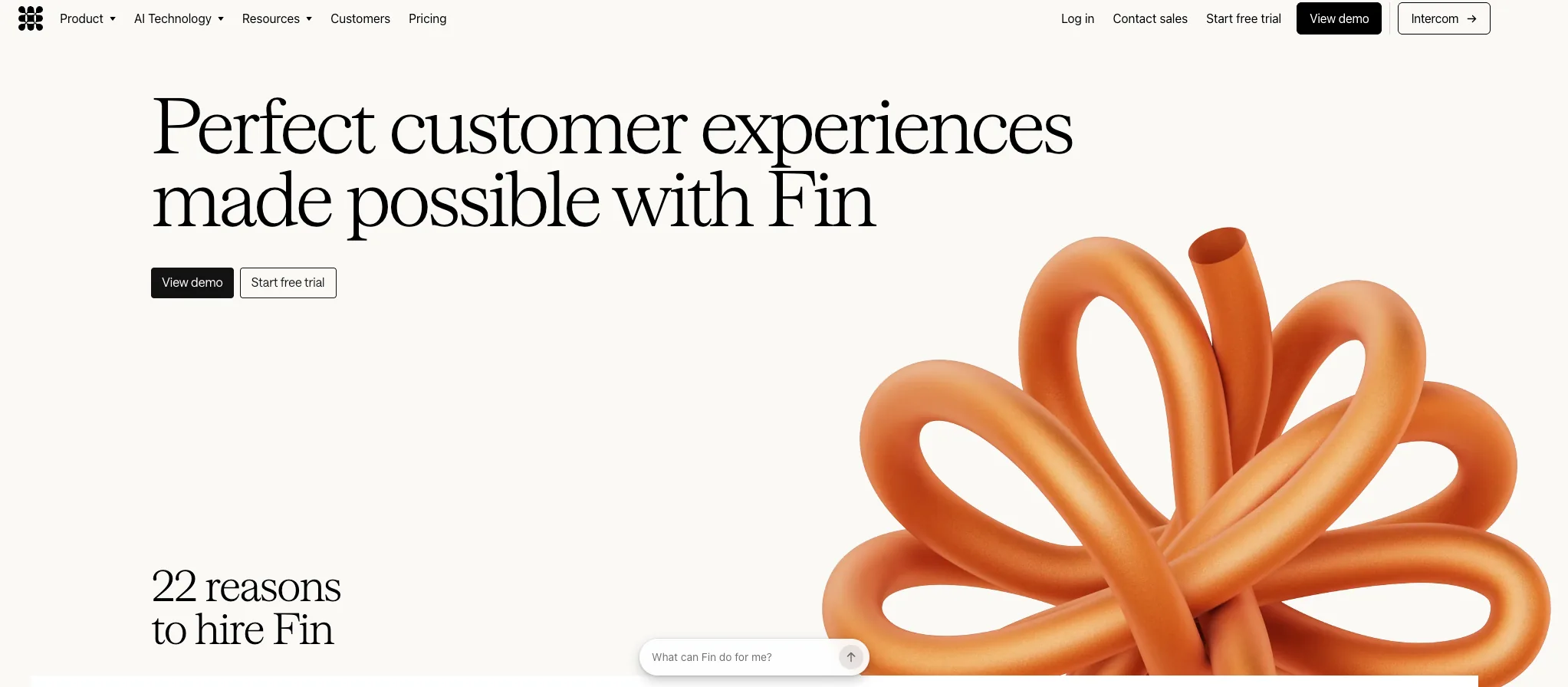 Screenshot of Fin's homepage, the AI agent deployable on other help desks
