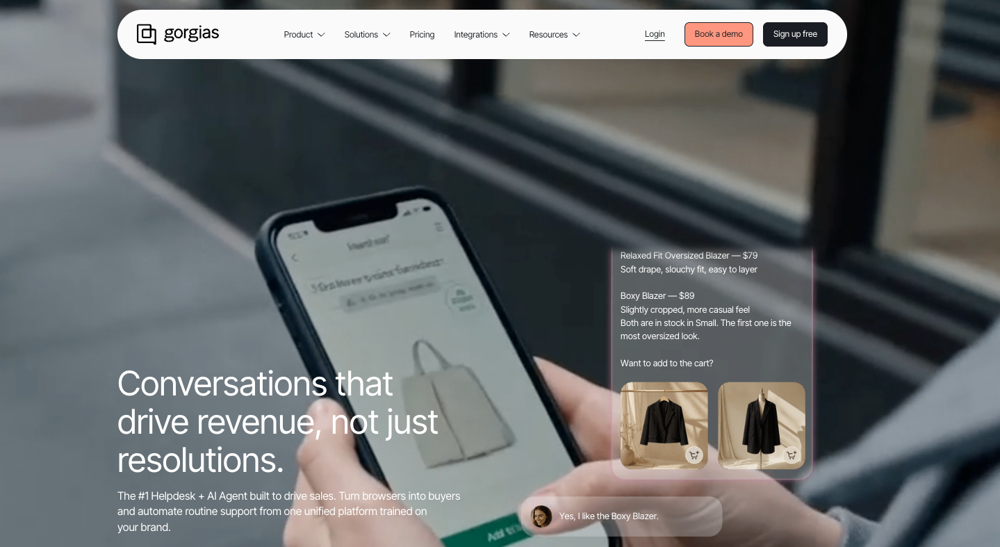 Screenshot of Gorgias' homepage