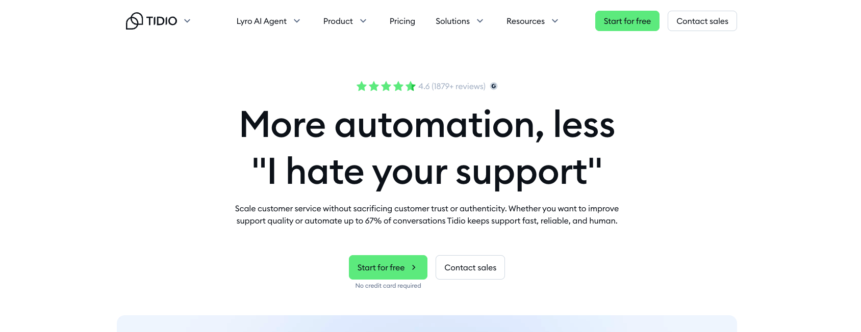 Screenshot of Tidio's homepage featuring its Lyro AI agent