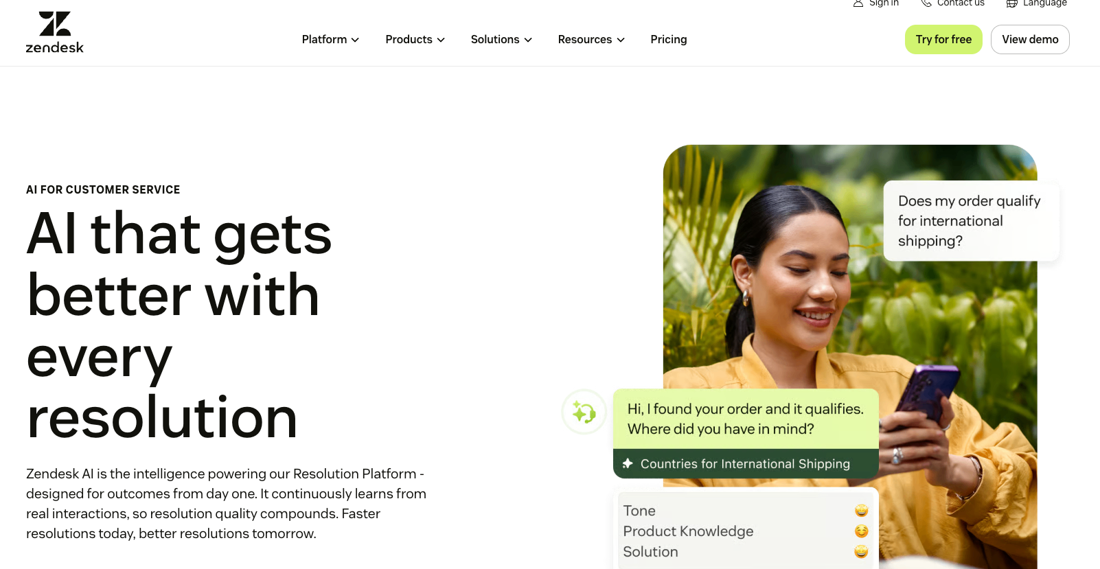Screenshot of Zendesk's homepage