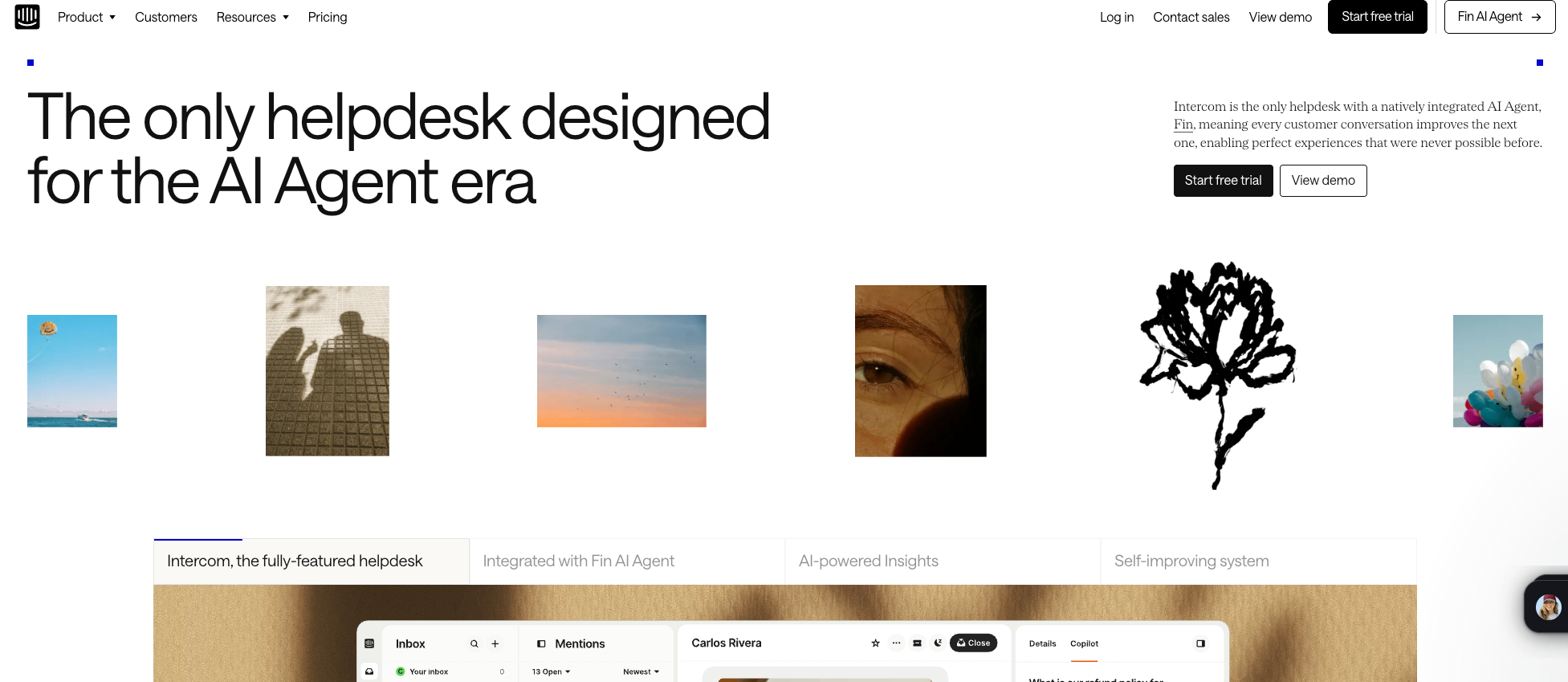 Screenshot of Intercom's homepage, now branded Fin