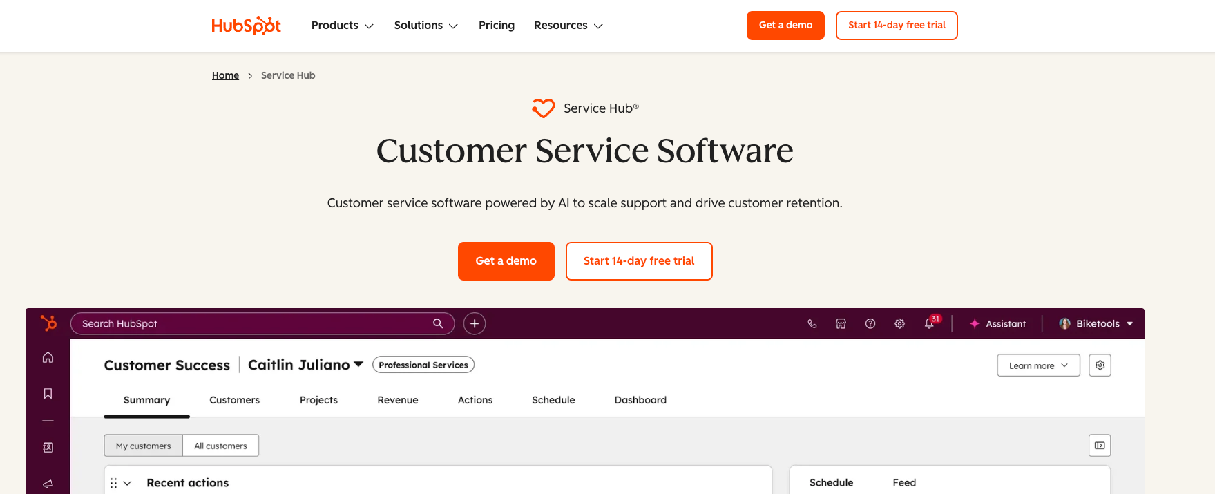 Screenshot of HubSpot Service Hub's homepage