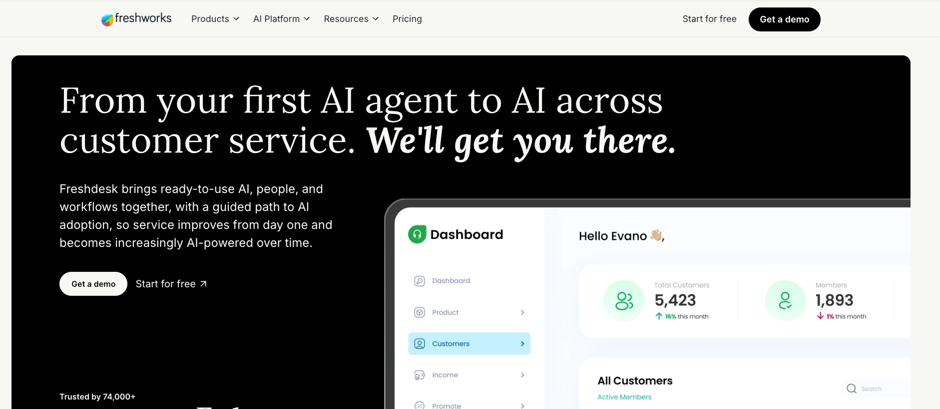 Screenshot of Freshdesk's homepage
