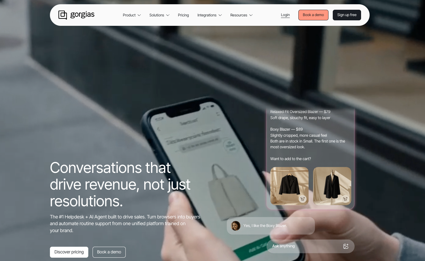 Screenshot of Gorgias' homepage