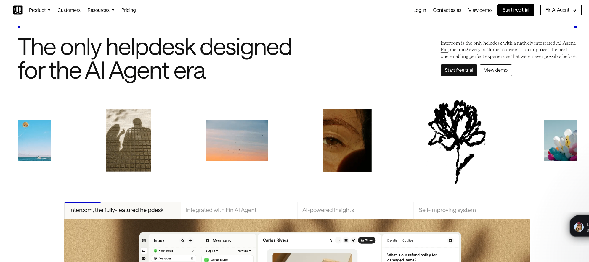 Screenshot of Intercom's homepage featuring Fin