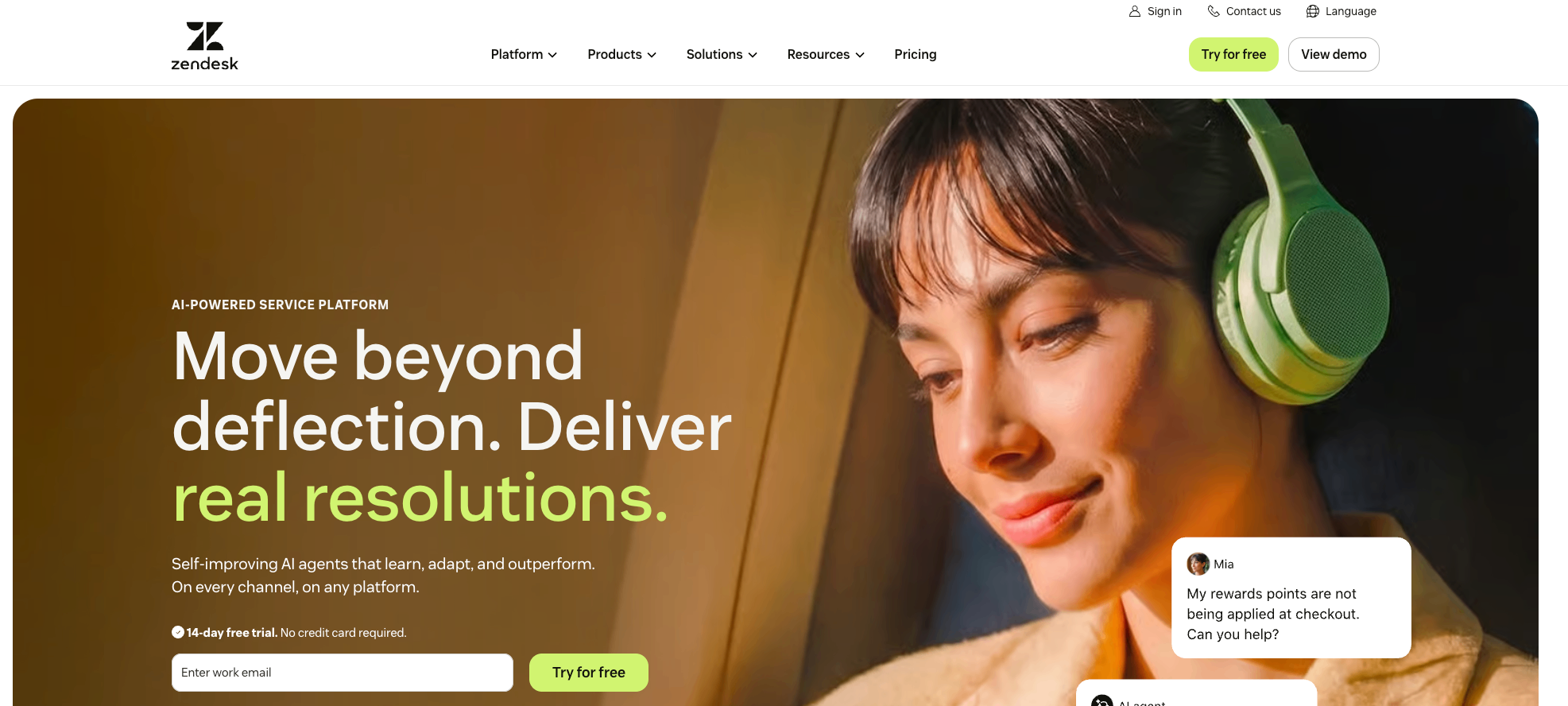 Screenshot of Zendesk's homepage