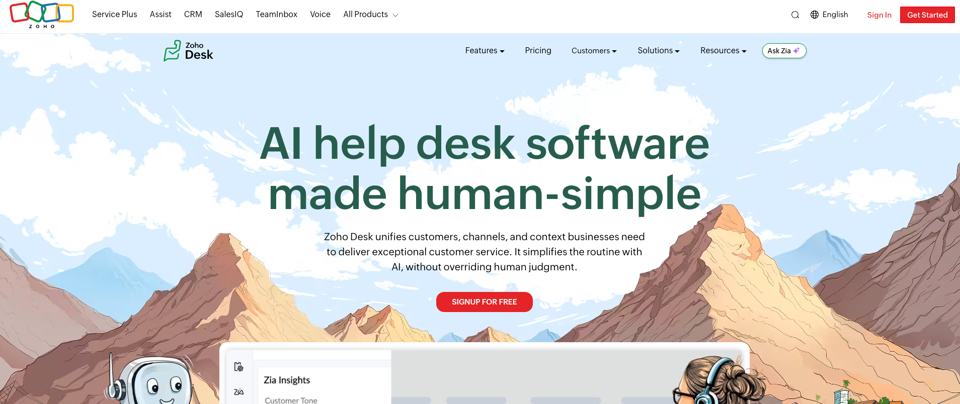 Screenshot of Zoho Desk's homepage