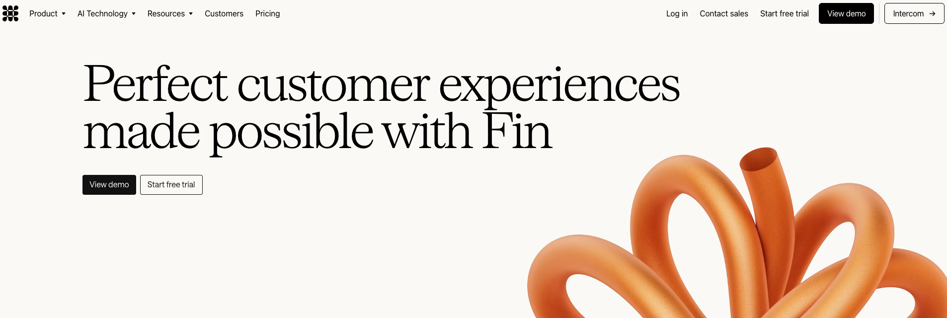 Screenshot of Intercom Fin's homepage