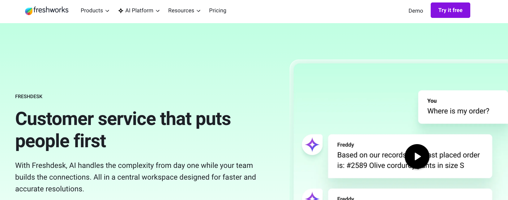 Screenshot of Freshdesk's homepage