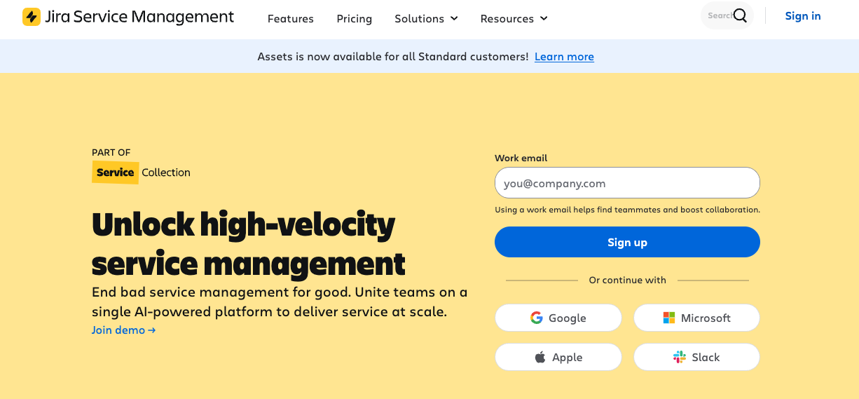Screenshot of Jira Service Management's homepage