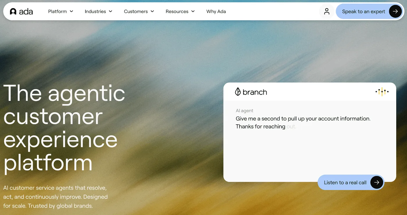 Screenshot of Ada's homepage headlined 'The agentic customer experience platform'