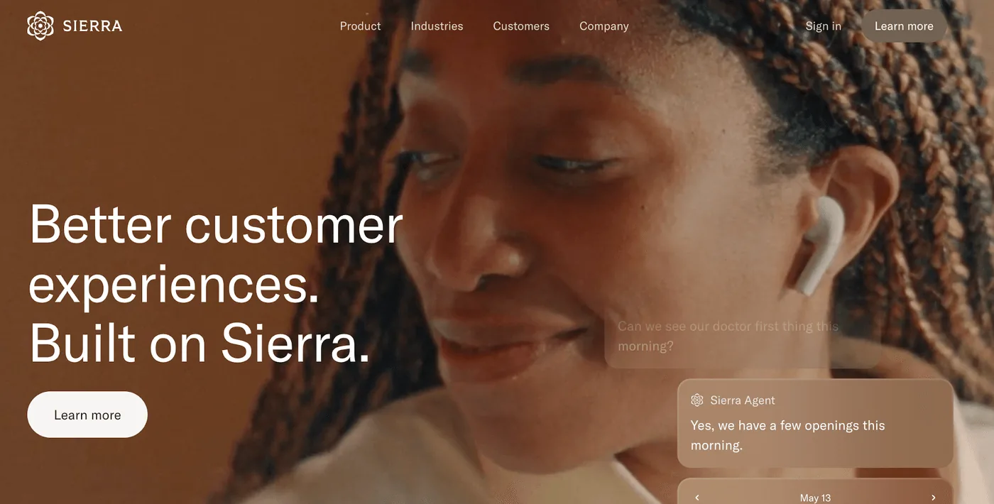 Screenshot of Sierra's homepage: 'Better customer experiences. Built on Sierra.'