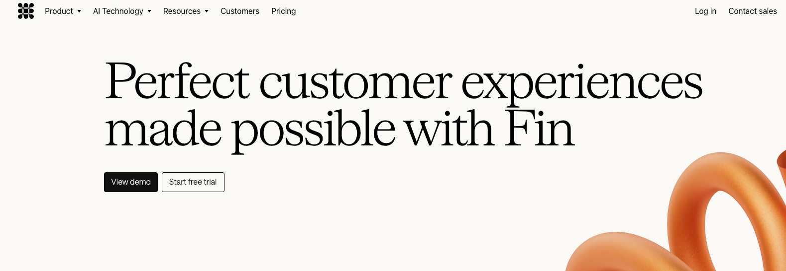 Screenshot of Intercom Fin's homepage