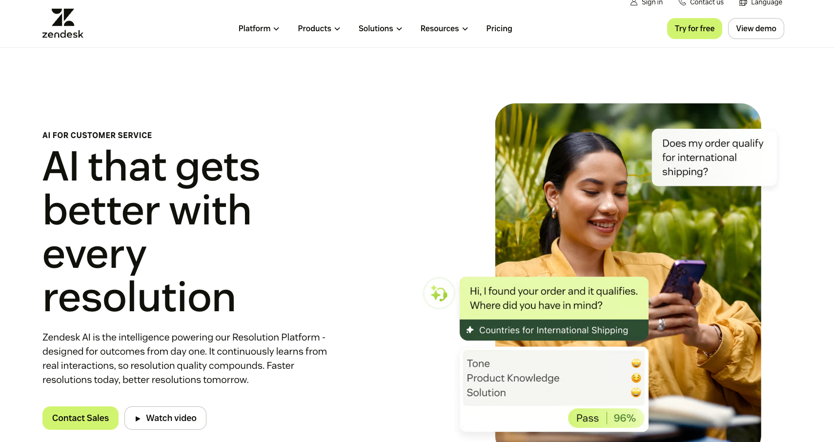 Screenshot of Zendesk AI's homepage