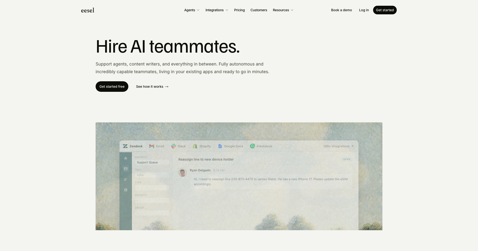 eesel AI homepage — hire AI teammates that live in your existing apps