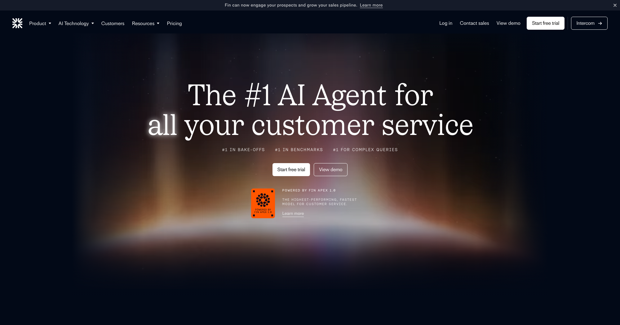 Intercom Fin AI homepage — the #1 AI Agent for all your customer service