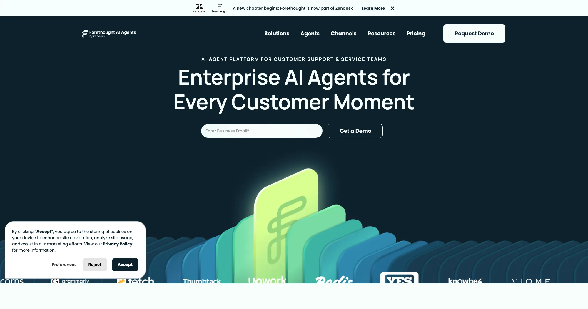 Forethought AI Agents homepage — enterprise AI agents for every customer moment