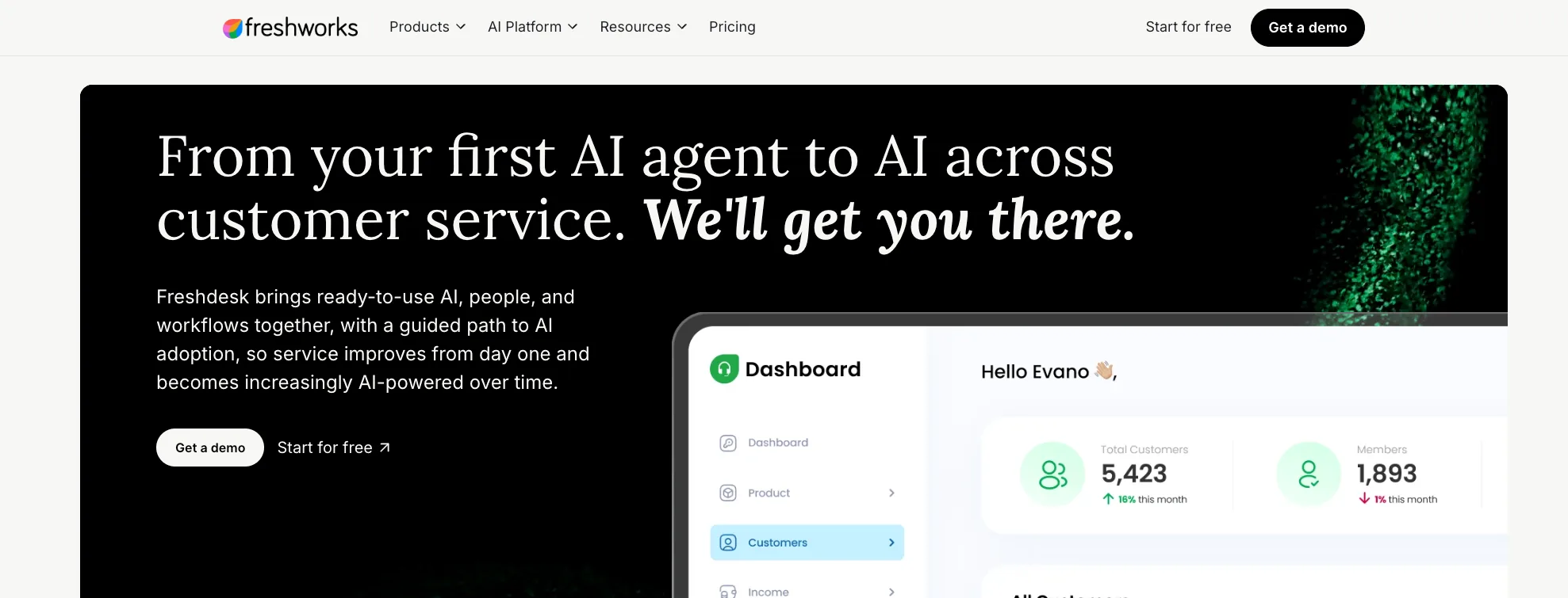 Screenshot of Freshworks' homepage: 'From your first AI agent to AI across customer service.'