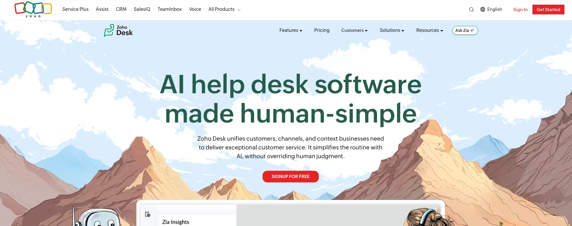 Screenshot of Zoho Desk's homepage