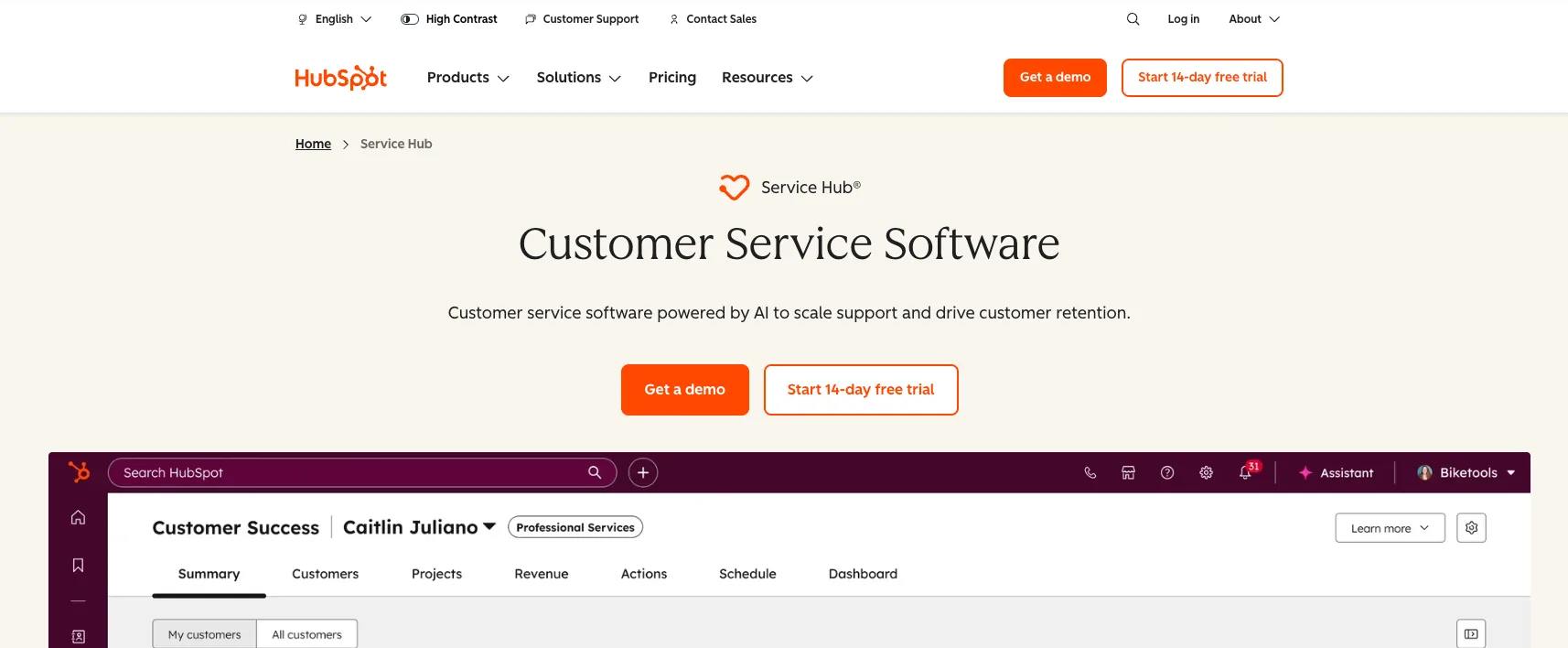 Screenshot of HubSpot Service Hub's homepage