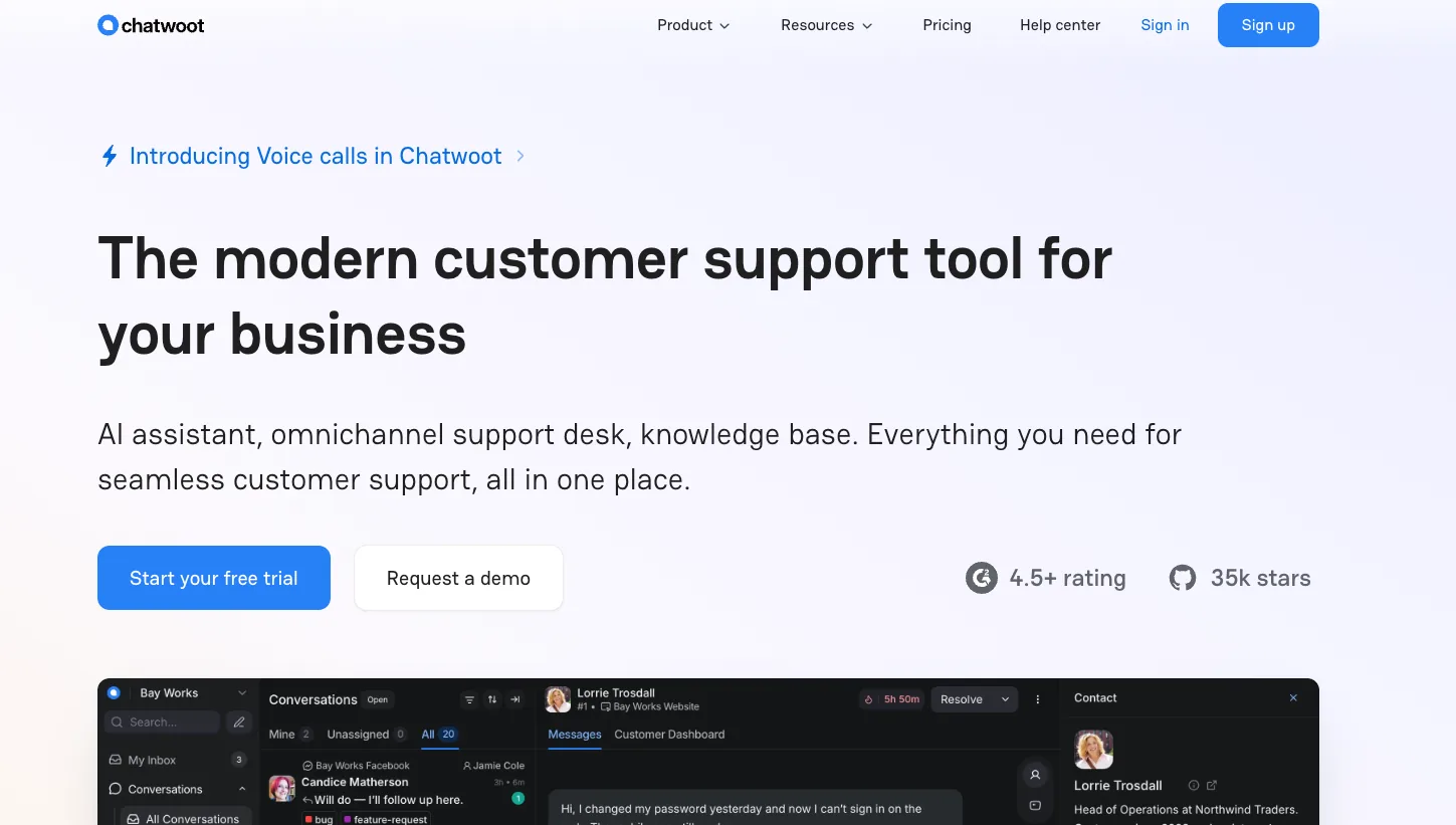 Screenshot of Chatwoot's homepage