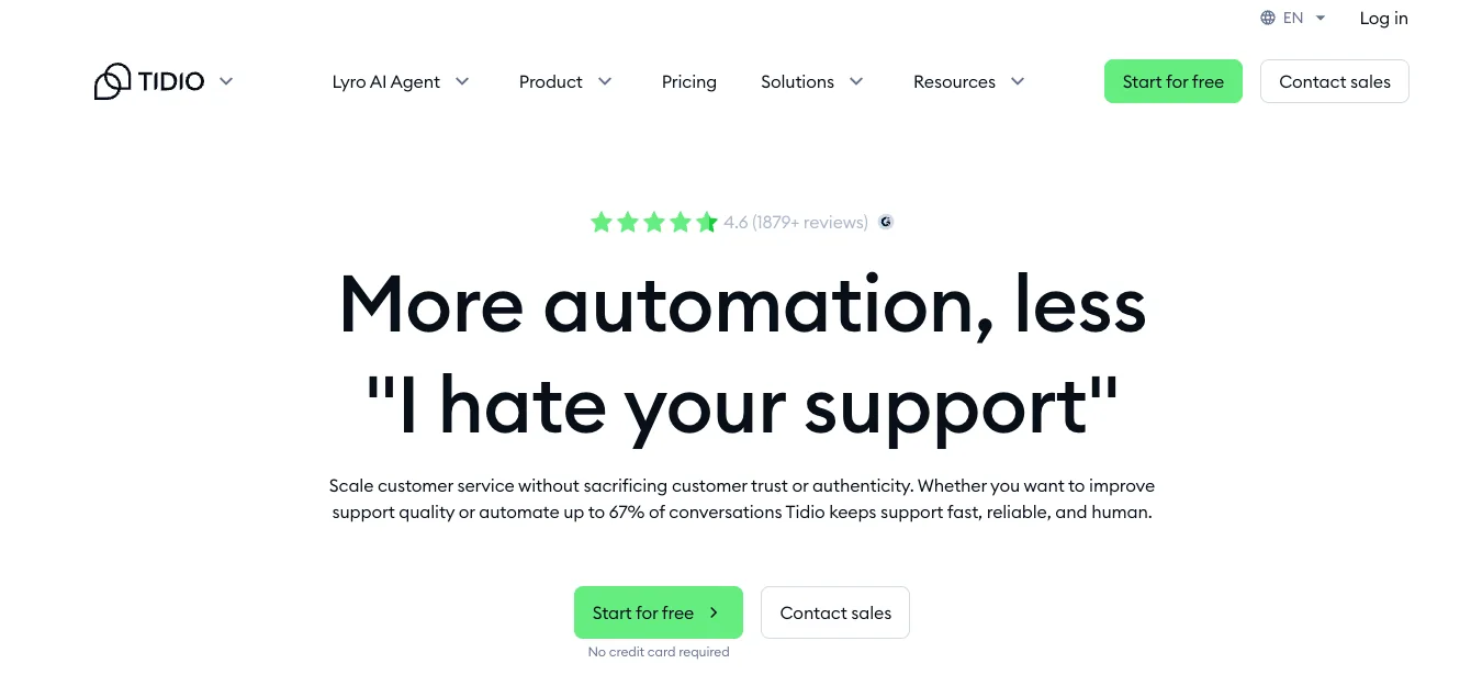 Screenshot of Tidio's homepage