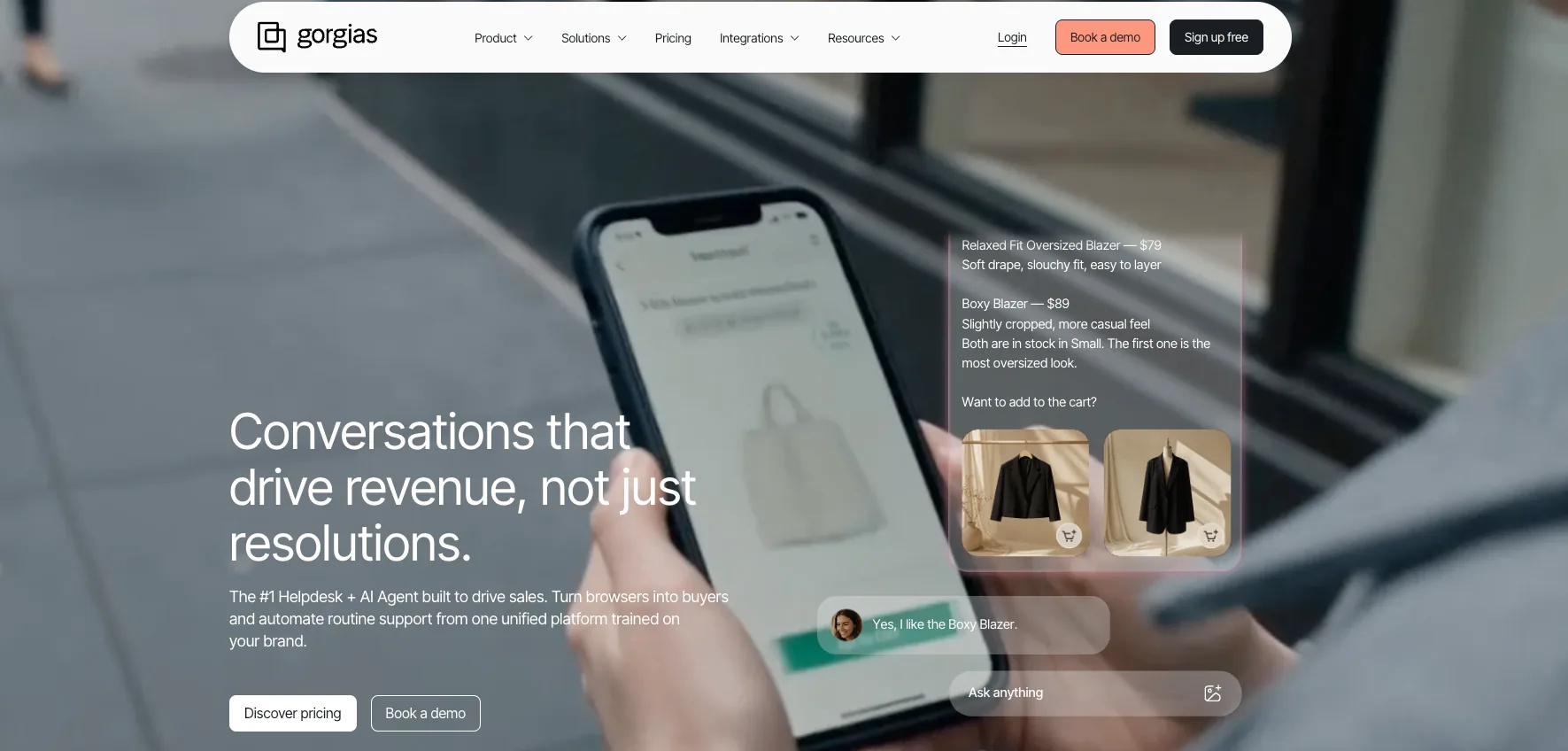 Screenshot of Gorgias' homepage: 'Conversations that drive revenue, not just resolutions.'
