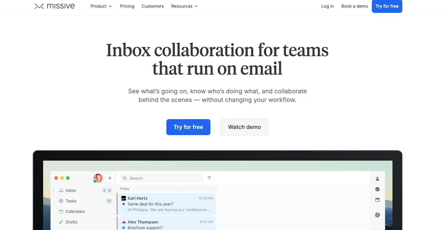 Screenshot of Missive's homepage