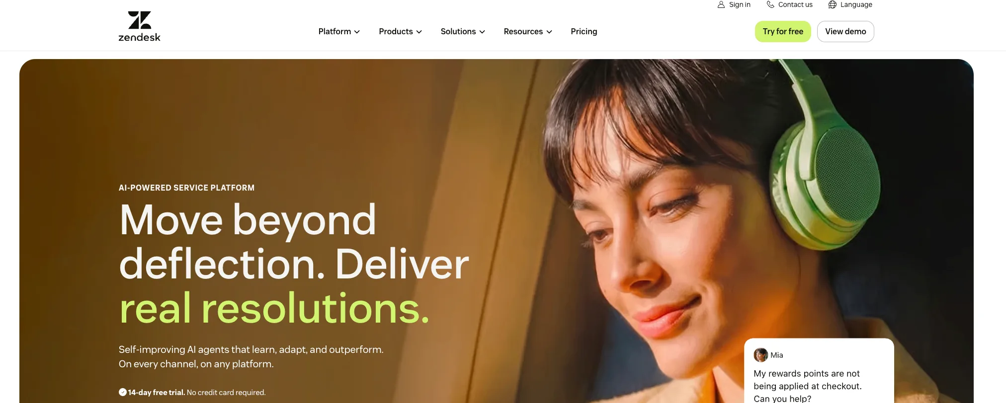 Screenshot of Zendesk's homepage