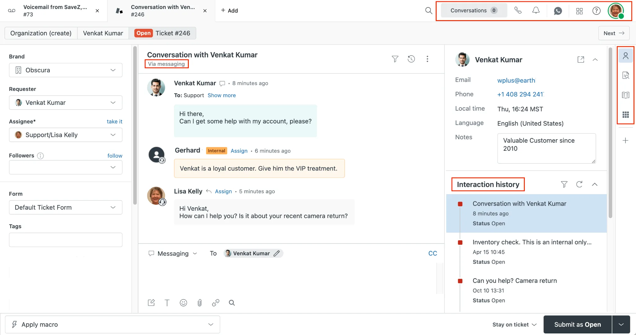 A sample ticket open in the Zendesk Agent Workspace