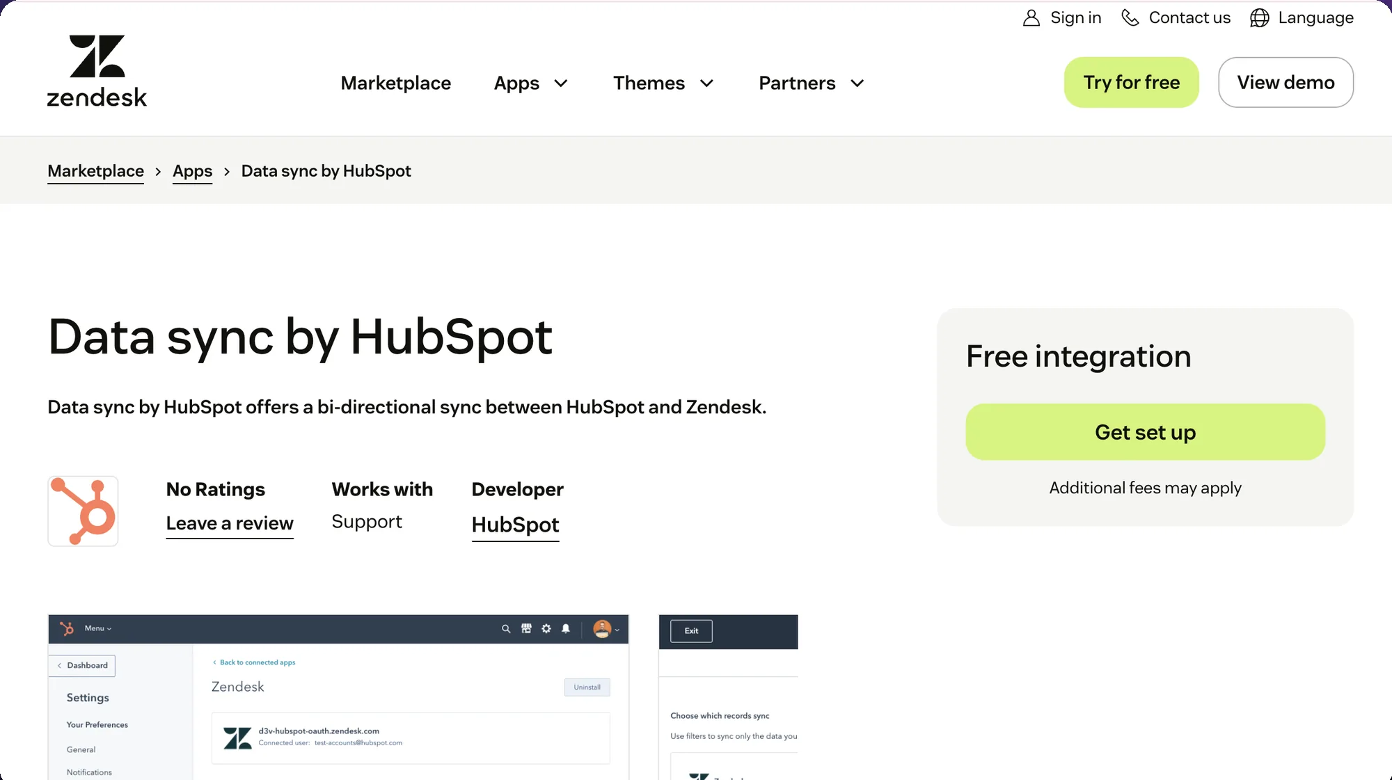 Data sync by HubSpot listing on the Zendesk Marketplace, showing the app description "offers a bi-directional sync between HubSpot and Zendesk", a "Get set up" install button, the HubSpot developer credit, and a setup screenshot showing the Zendesk connection step.