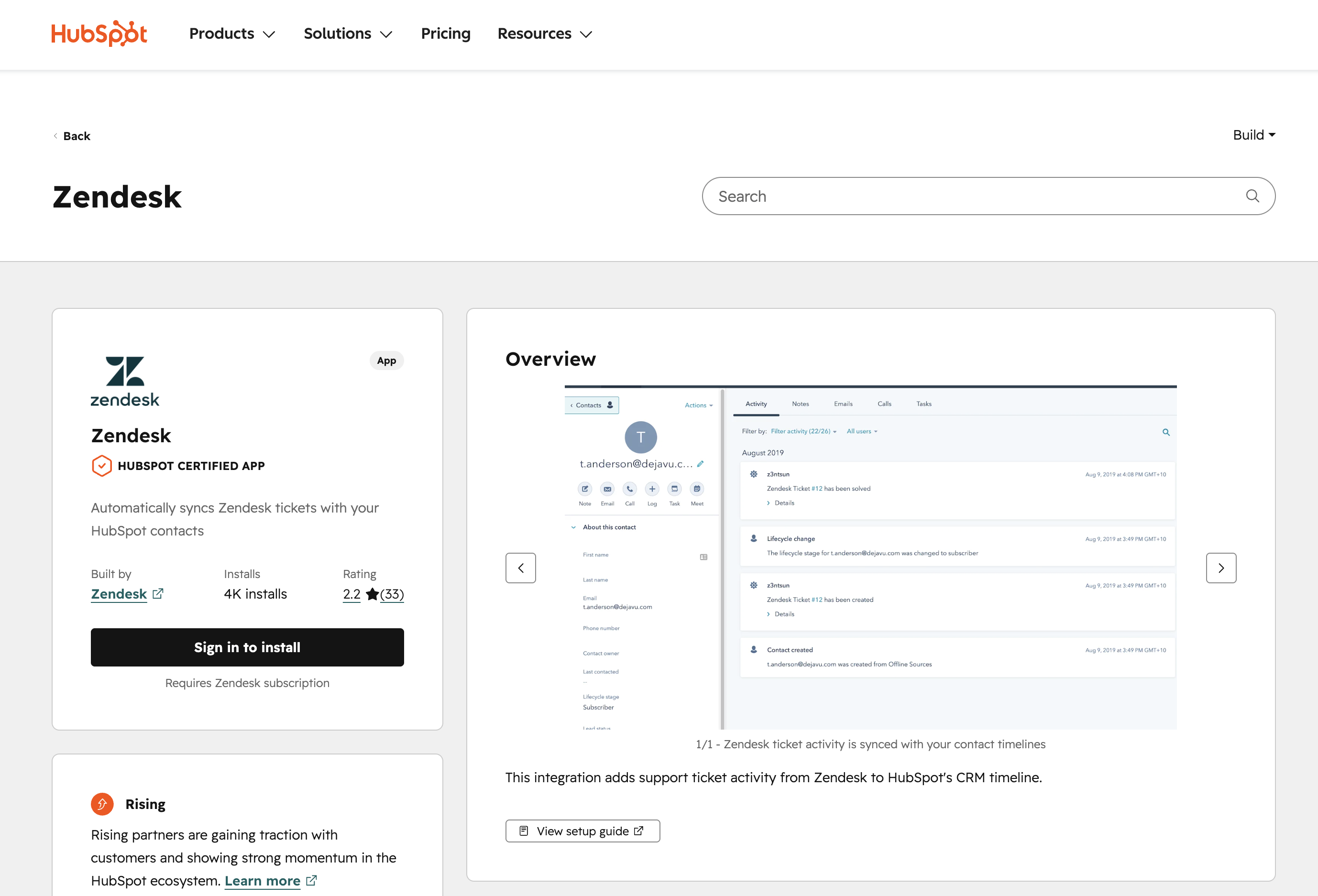 The HubSpot Marketplace listing for the Zendesk-built integration, labeled "HubSpot Certified App", built by Zendesk, showing 4K installs and a preview of Zendesk ticket activity appearing on a HubSpot contact timeline.