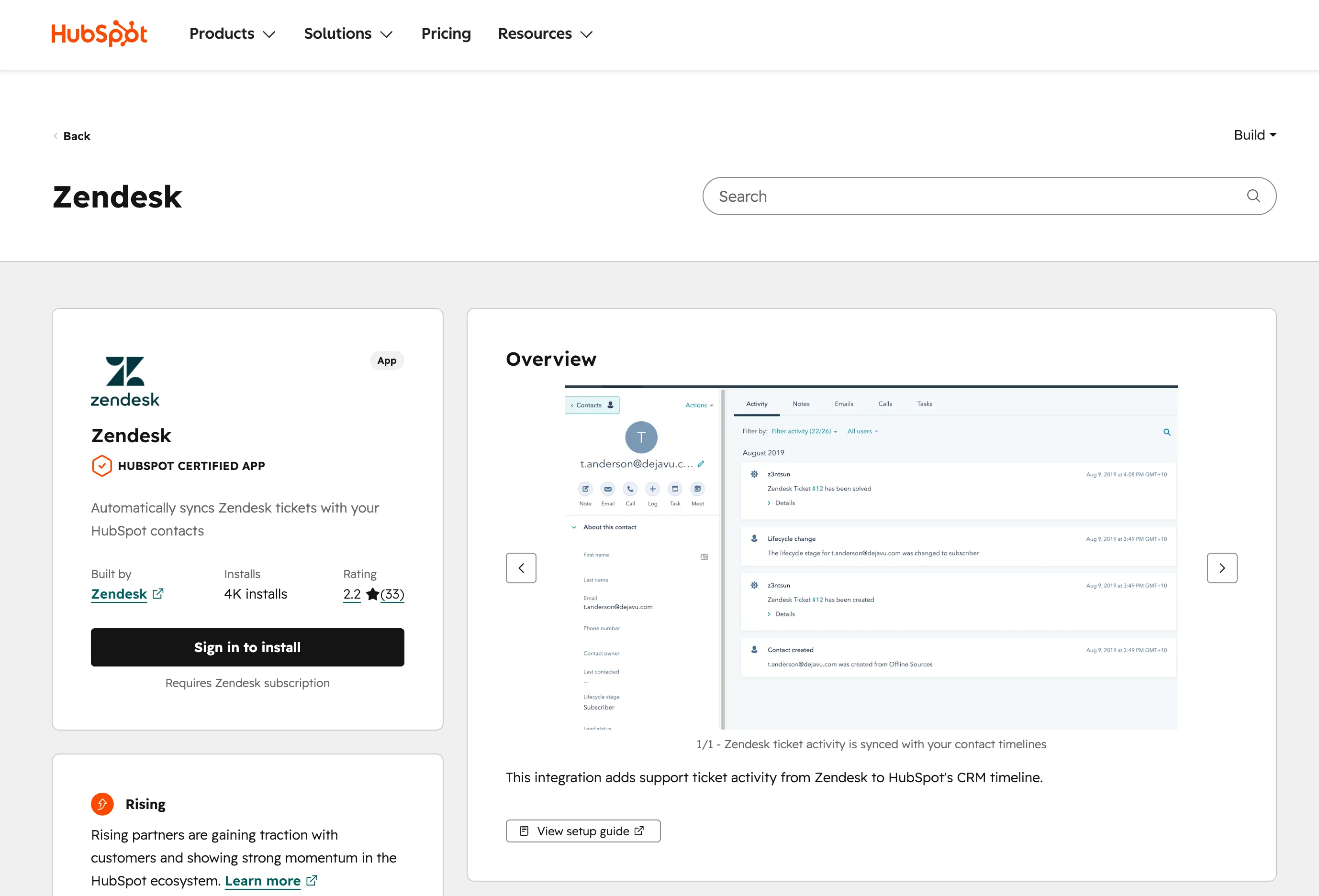 The HubSpot Marketplace listing for the Zendesk-built integration, labeled "HubSpot Certified App", built by Zendesk, showing 4K installs and a preview of Zendesk ticket activity appearing on a HubSpot contact timeline.