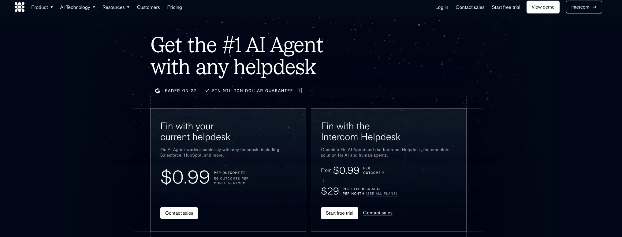 Intercom's Fin pricing page showing the per-outcome rate