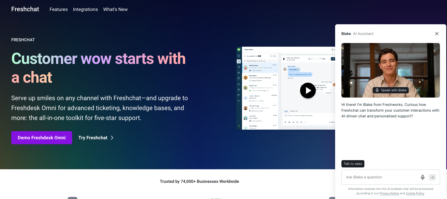 Freshchat's unified inbox across web chat, WhatsApp, and social channels